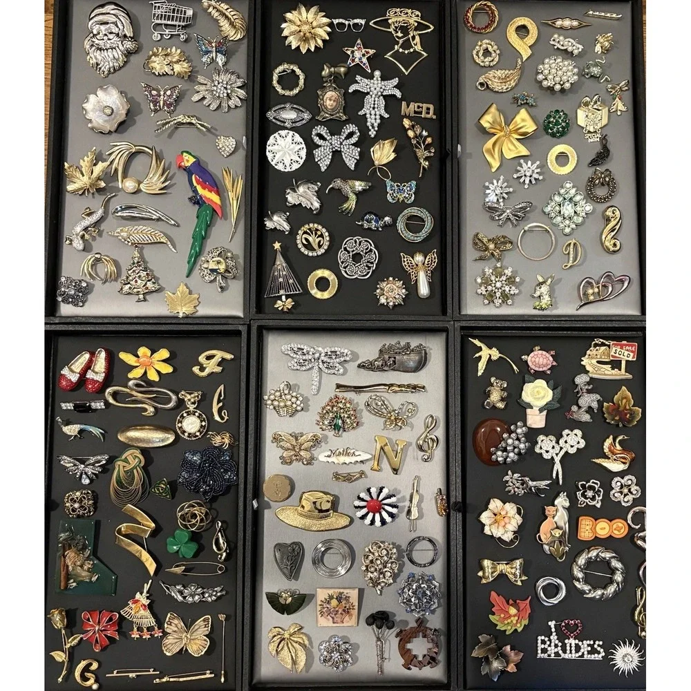 HUGE Vintage - Modern LOT Rhinestone Mixed Material Brooch Pin Some Signed